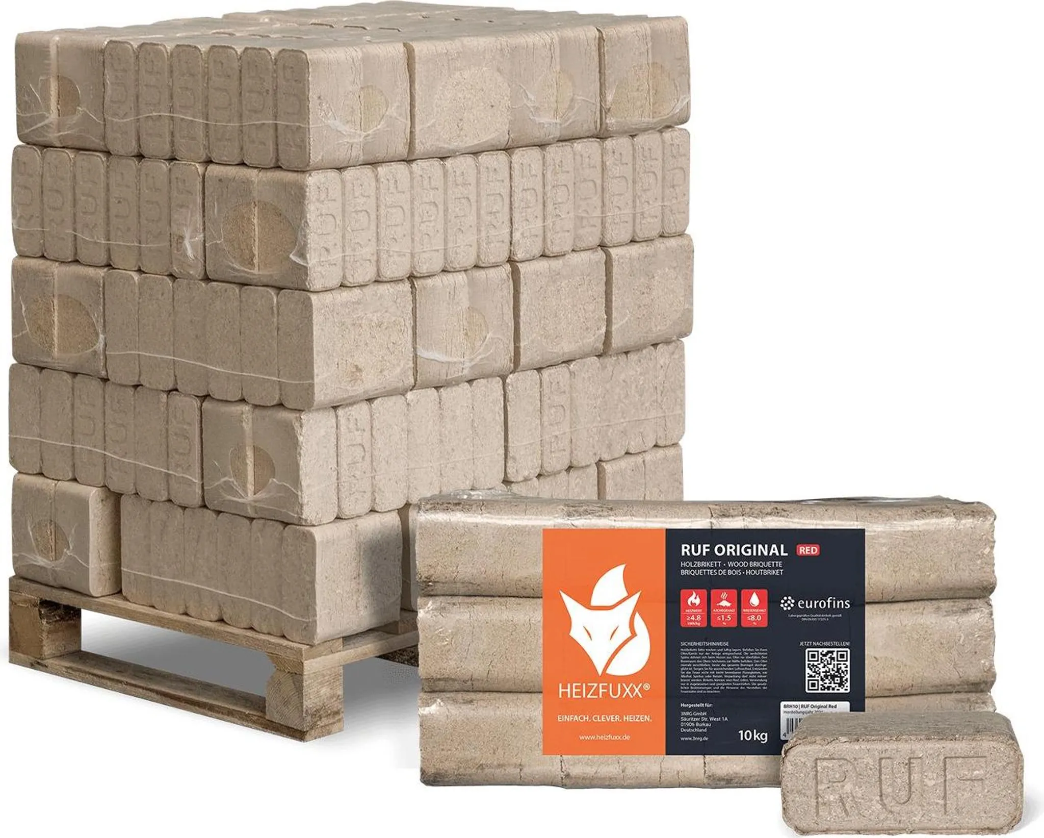 477acbf0f48a88de5a0cb0084219400a.webp Heizfuxx RUF Original Red Holzbriketts – 300 kg Palette (30 x 10 kg) – Image 1